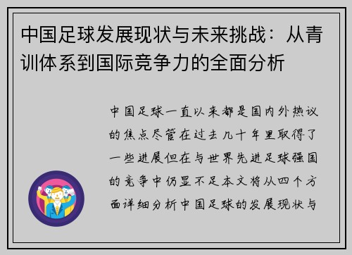 中国足球发展现状与未来挑战：从青训体系到国际竞争力的全面分析